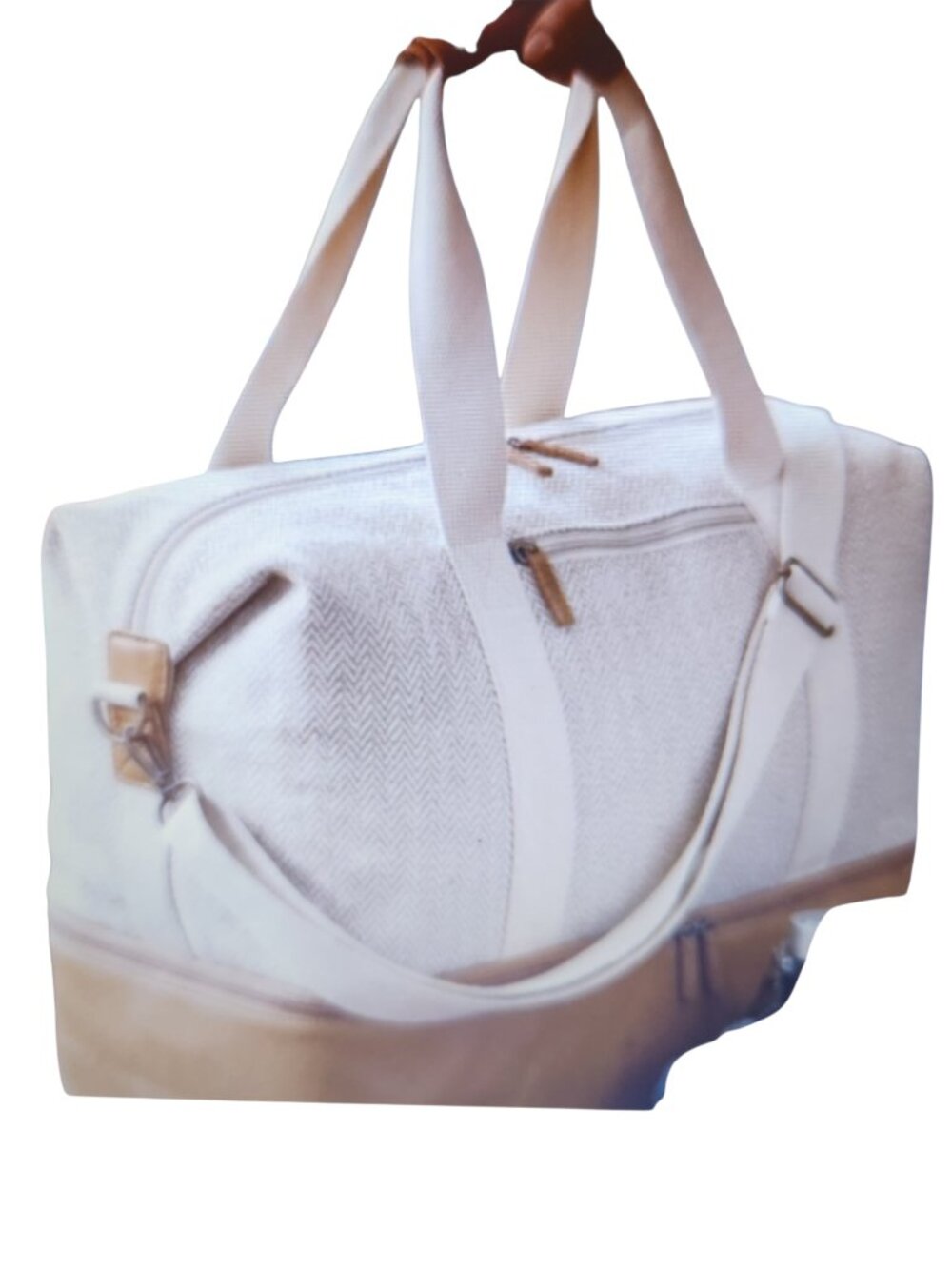 NWT DSW Weekender Duffel Bag Beige Cream Chevron Pattern - Picture 4 of 12